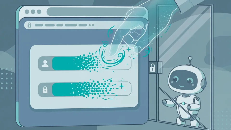 An AI agent watches from behind a barrier while a login form is filled without revealing the password