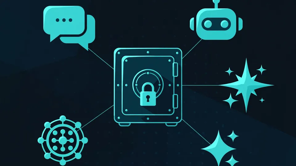 Several AI agent icons connected to one central secure vault