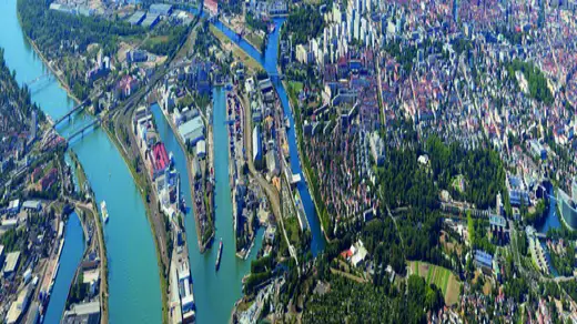 Aerial view of the Port du Rhin district in Strasbourg, with the Rhine and industrial basins