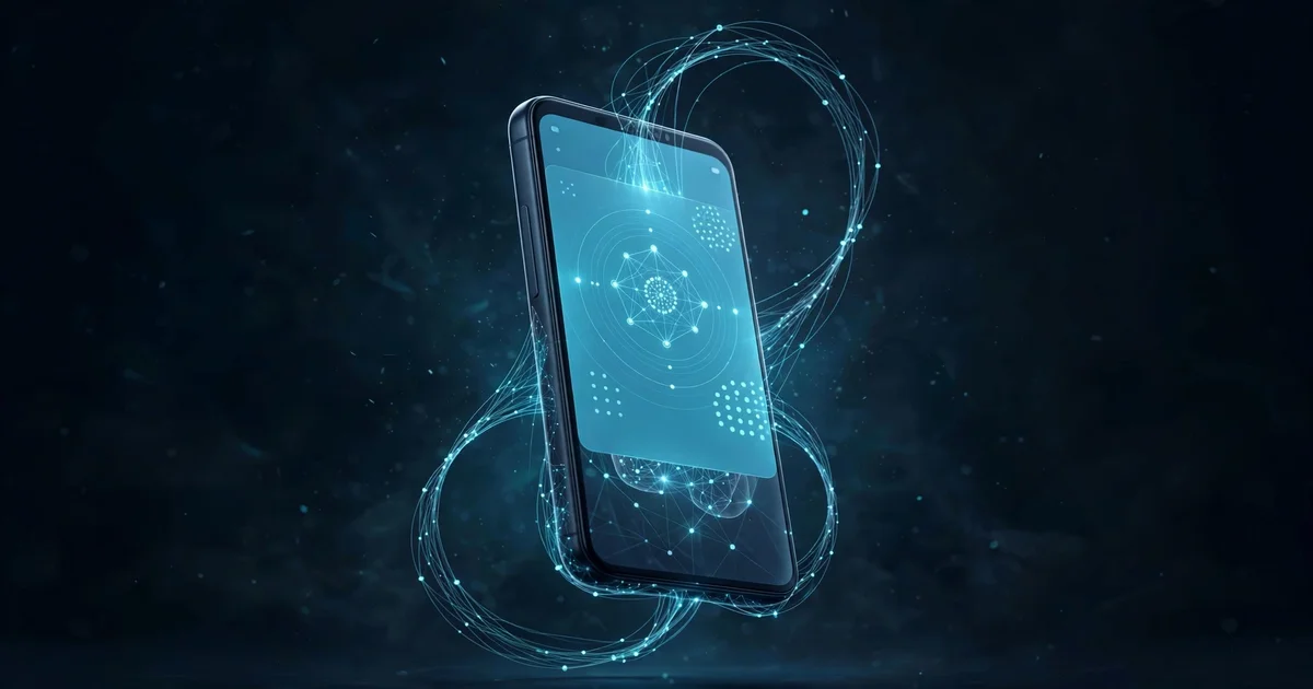 A smartphone glowing with an AI assistant interface, neural filaments looping back into the device — AI that runs entirely on-device