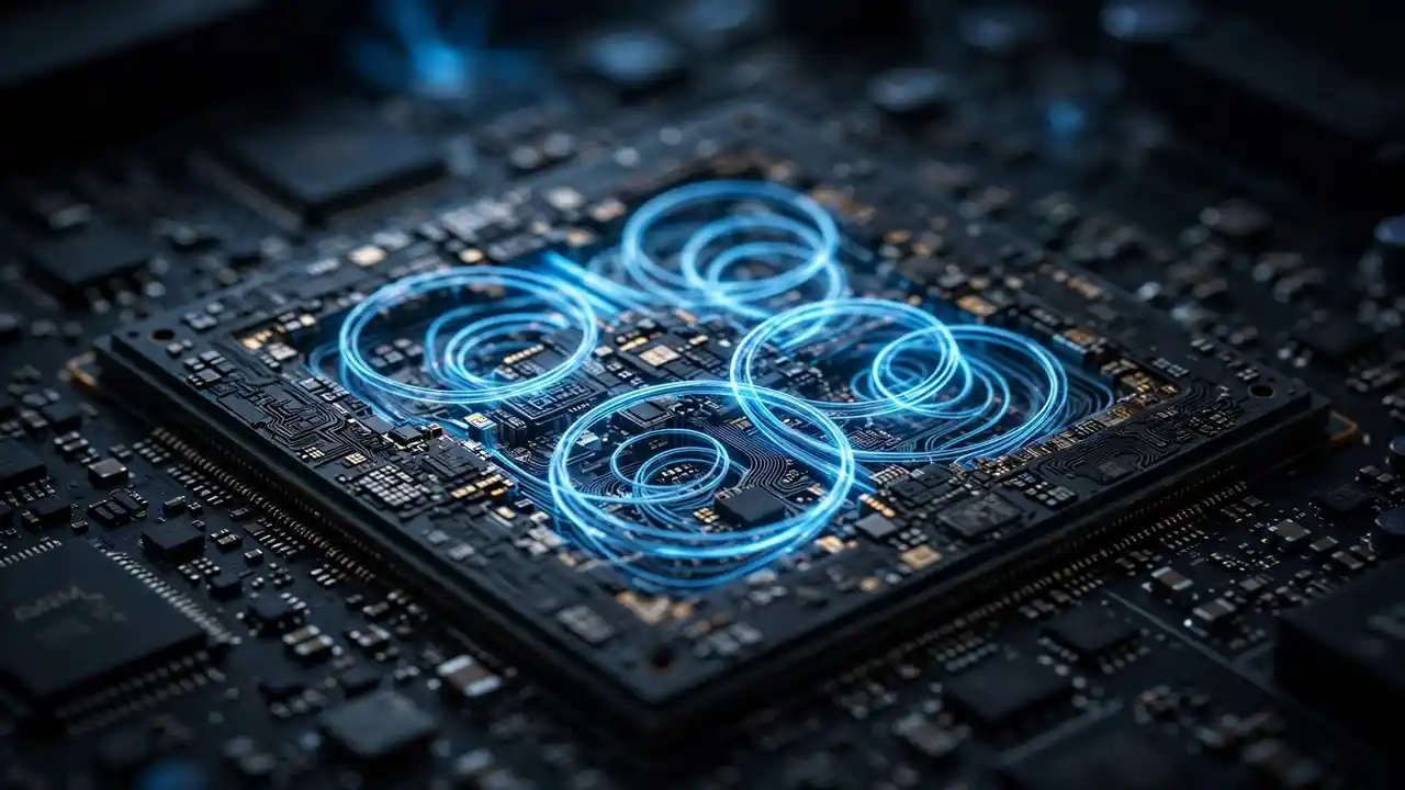 A computer chip with glowing data streams looping within it, visualizing local AI inference