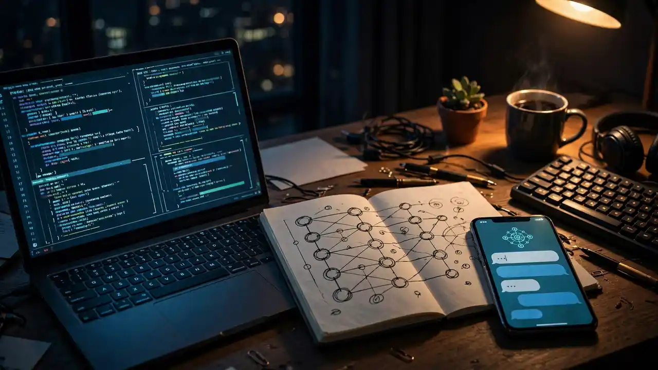 A hacker's desk at night with a glowing laptop and hand-drawn neural network sketches