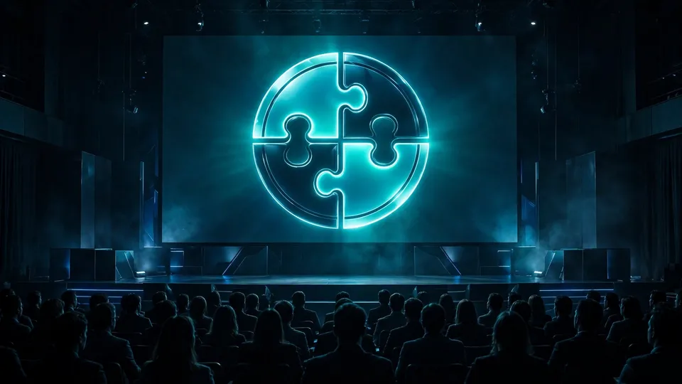 A conference stage with a glowing emblem of four interlocking pieces before an audience, evoking the AGNTCon + MCPCon announcement