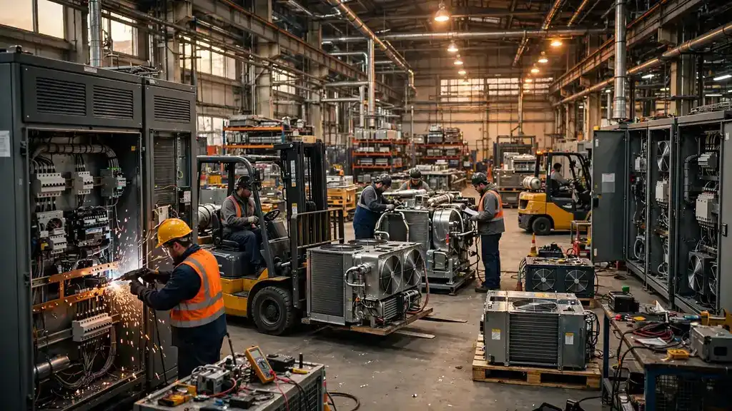 Factory floor where workers assemble power distribution cabinets and cooling units for data centers, editorial illustration