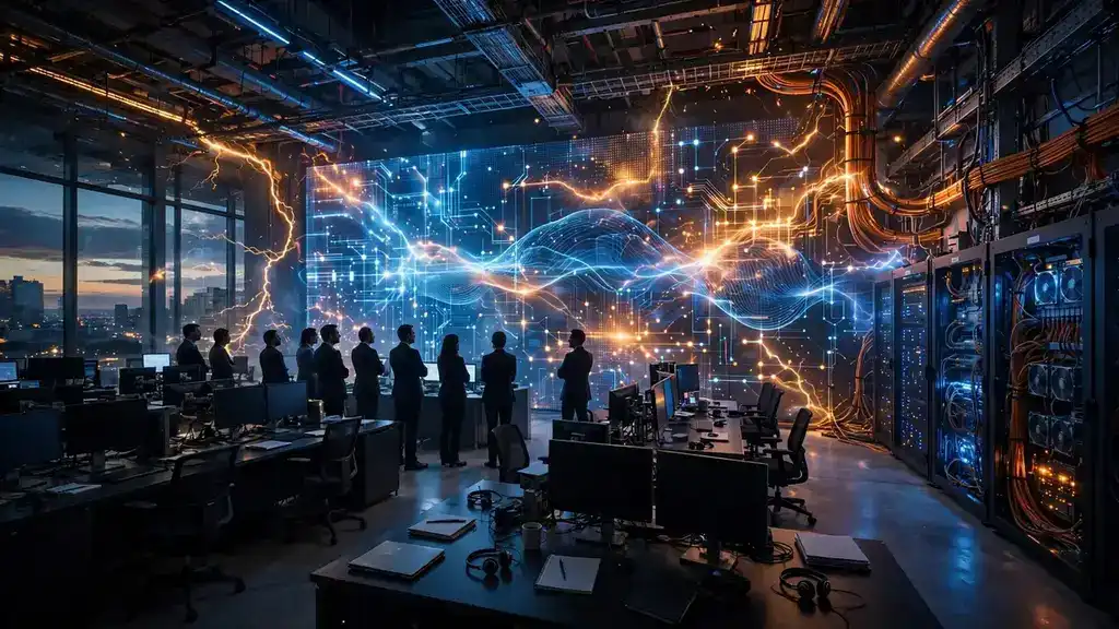 Stock exchange floor at dusk with a glowing LED ticker wall and data center cabling, editorial illustration