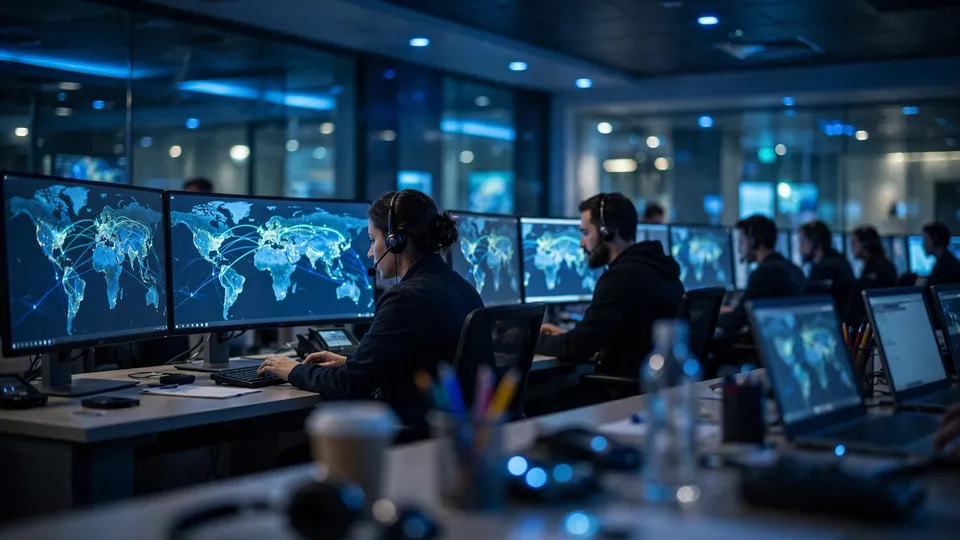 An airline operations control room with glowing flight-status monitors