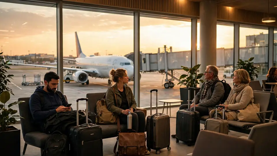 Travelers waiting at an airport departure gate with an airliner outside the windows