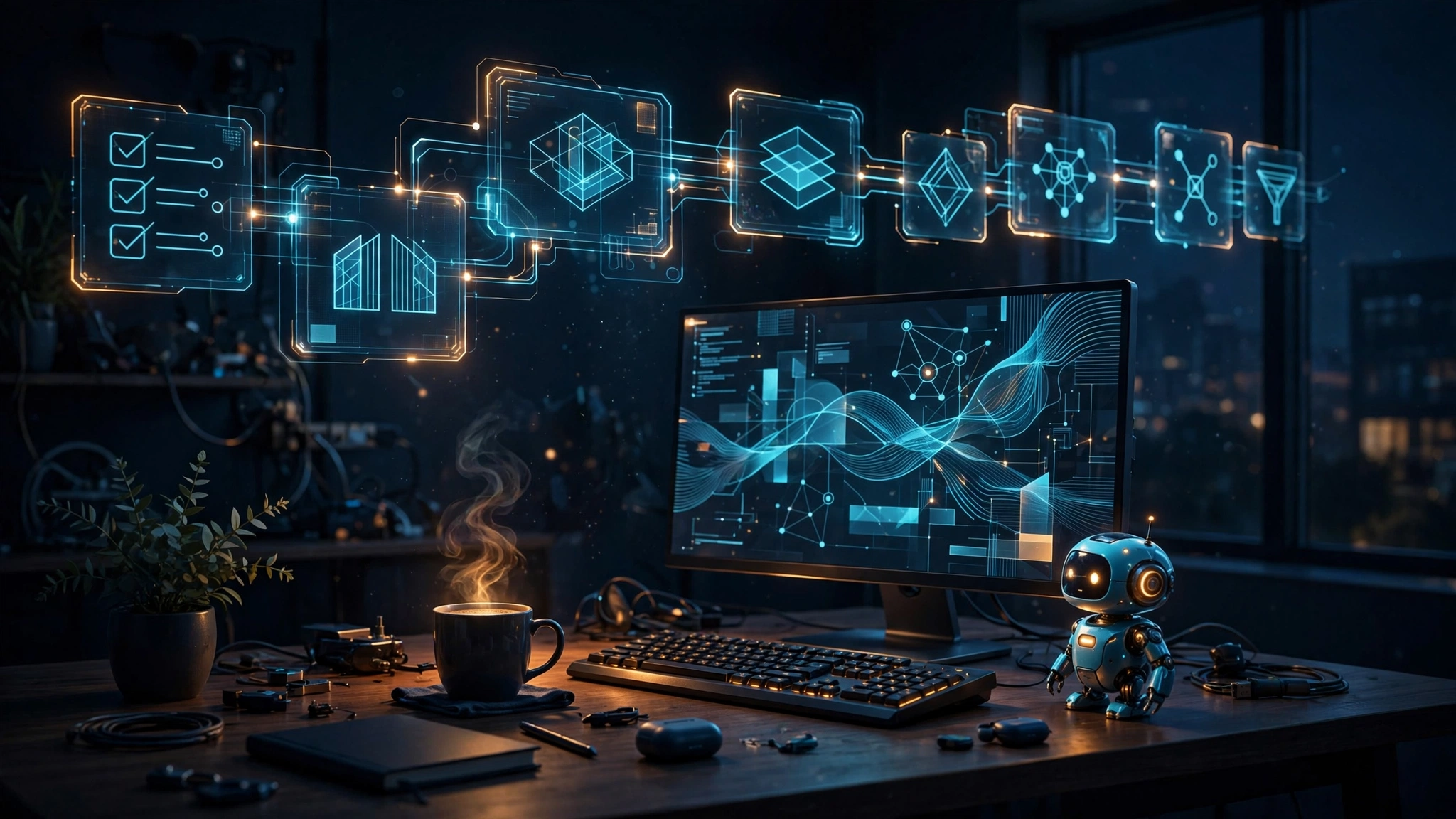 A developer's desk at night with a glowing holographic pipeline of connected workflow cards floating above the monitor