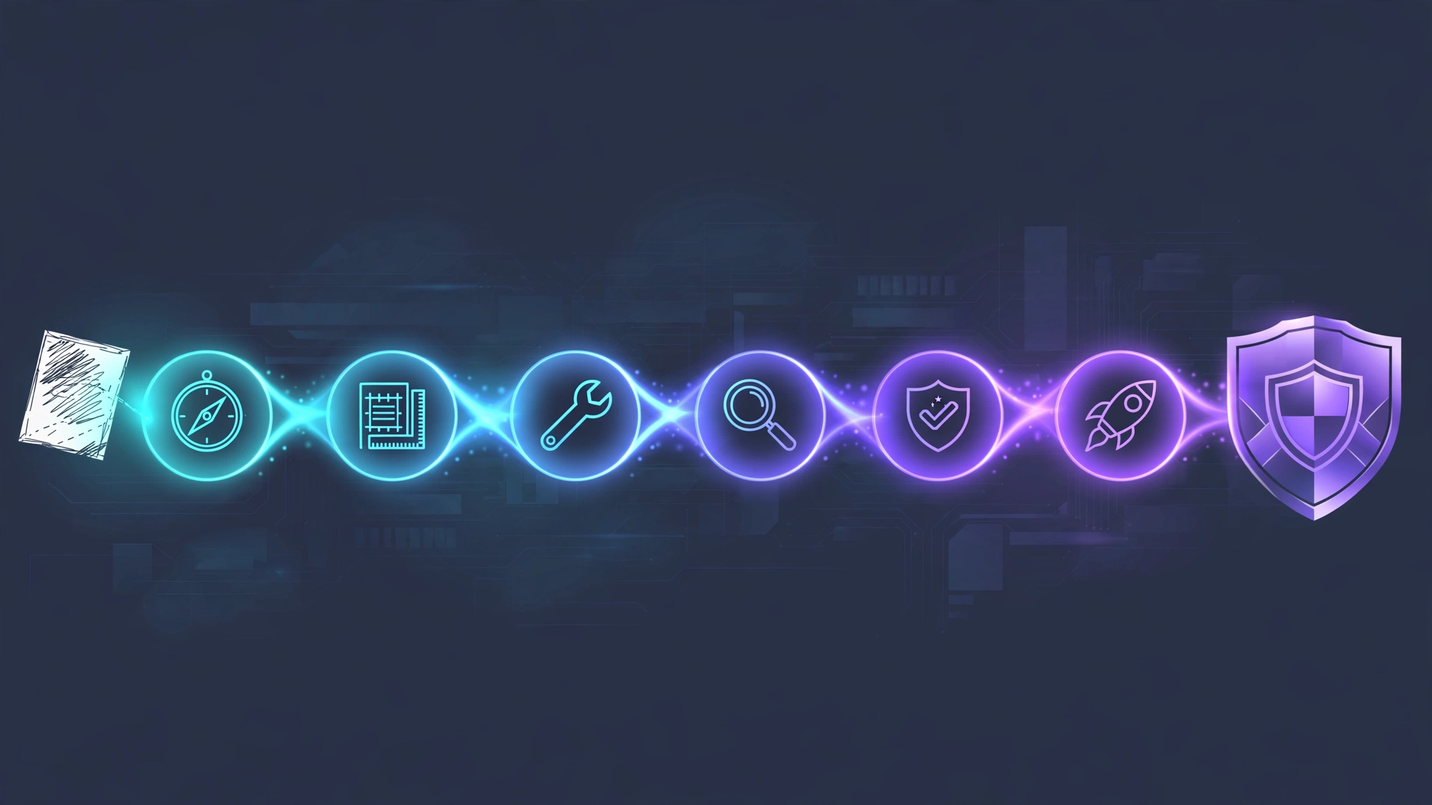 Six glowing stages in a pipeline: sketch, compass, blueprint, wrench, magnifier, shield, rocket, ending in a final shield