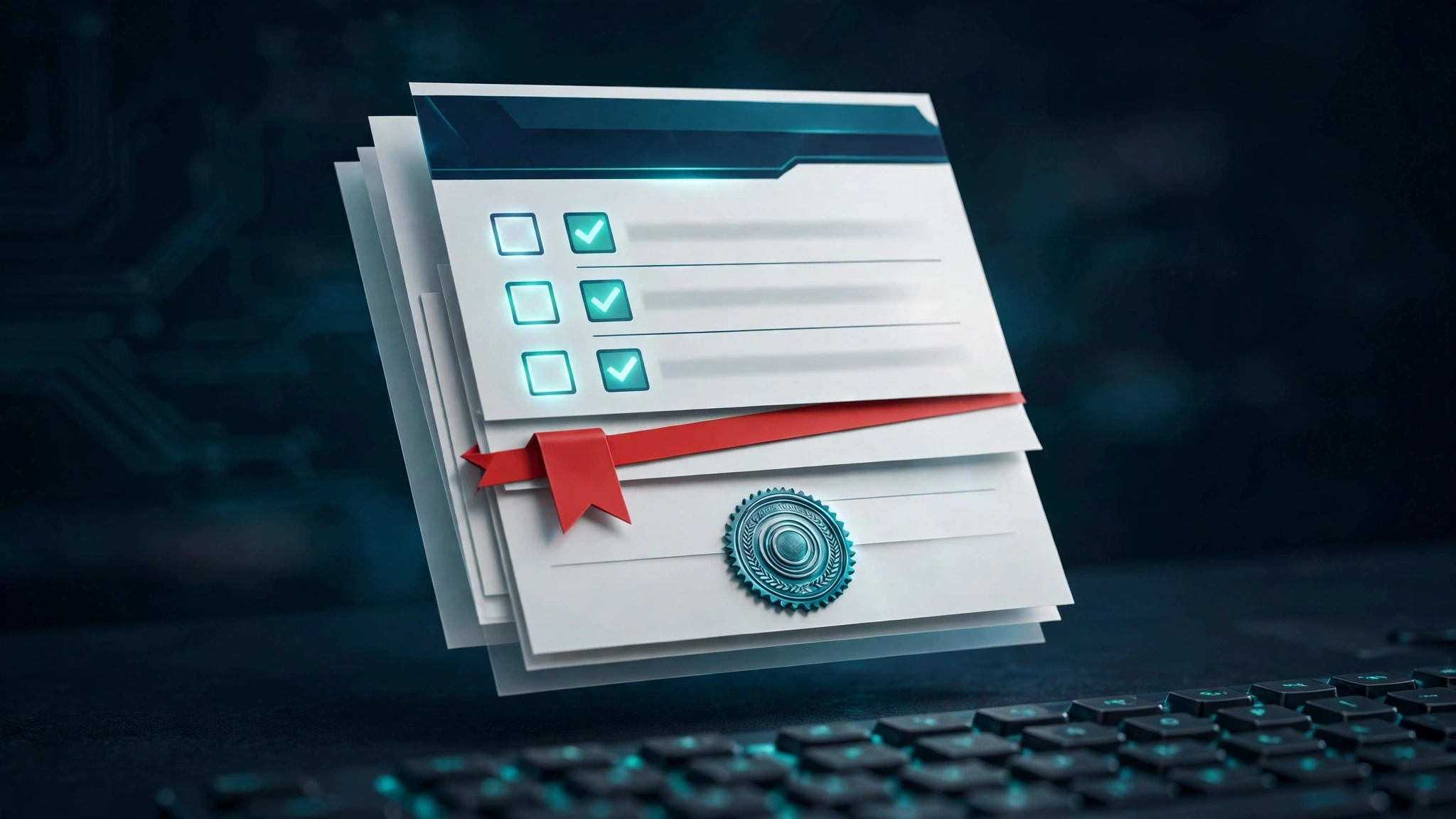 A workflow document with glowing checklist rows, a red warning ribbon, and a verification seal