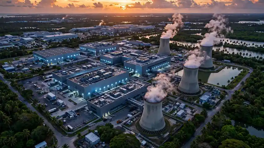 Aerial view of a data center complex with cooling towers at dusk