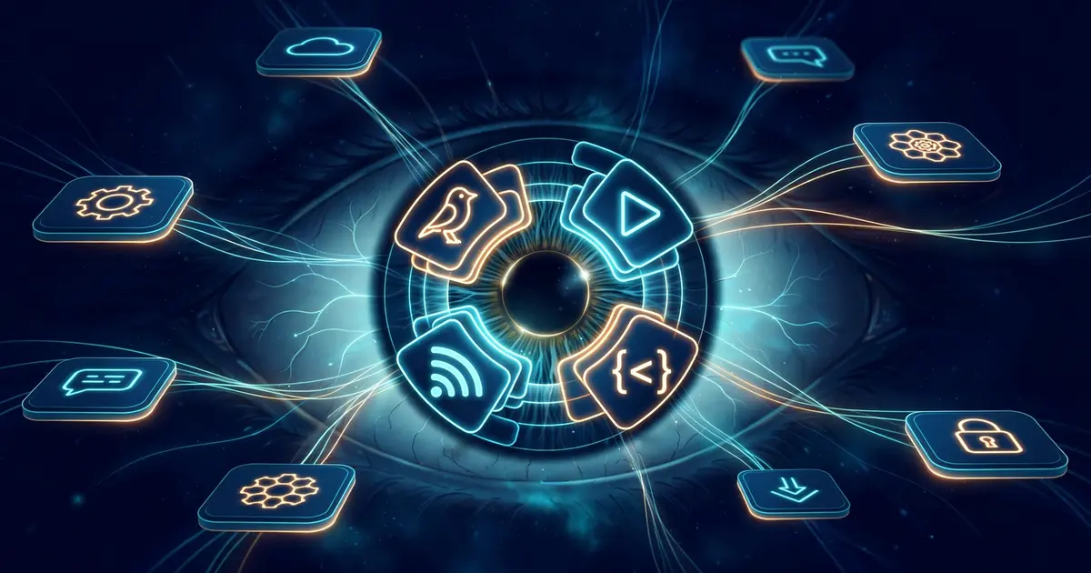 Editorial illustration: a luminous eye whose iris is made of glowing browser tabs and social platform glyphs — X, video, code, RSS — for the Agent Reach tutorial