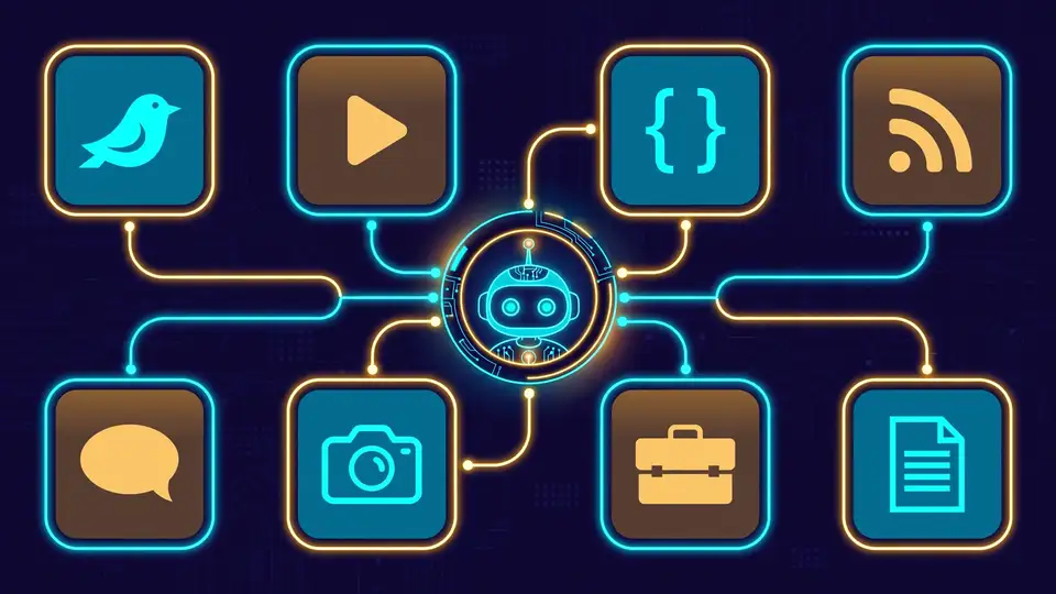 A central agent node connected by glowing lines to a grid of platform tiles: X, Reddit, YouTube, GitHub, Bilibili, Xiaohongshu, Facebook, Instagram, RSS, and the web