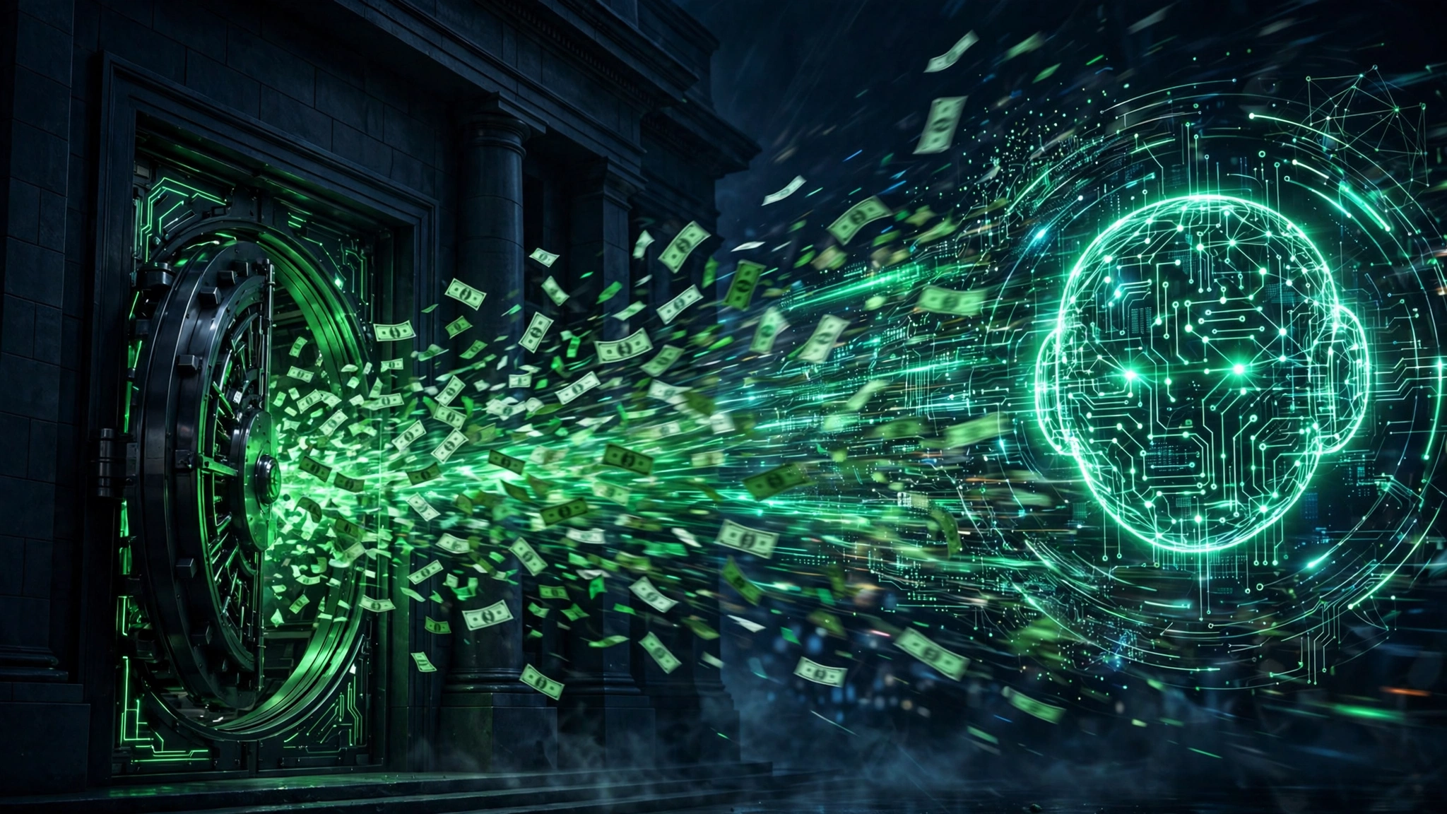AI agent pulling streams of money out of a bank vault at machine speed