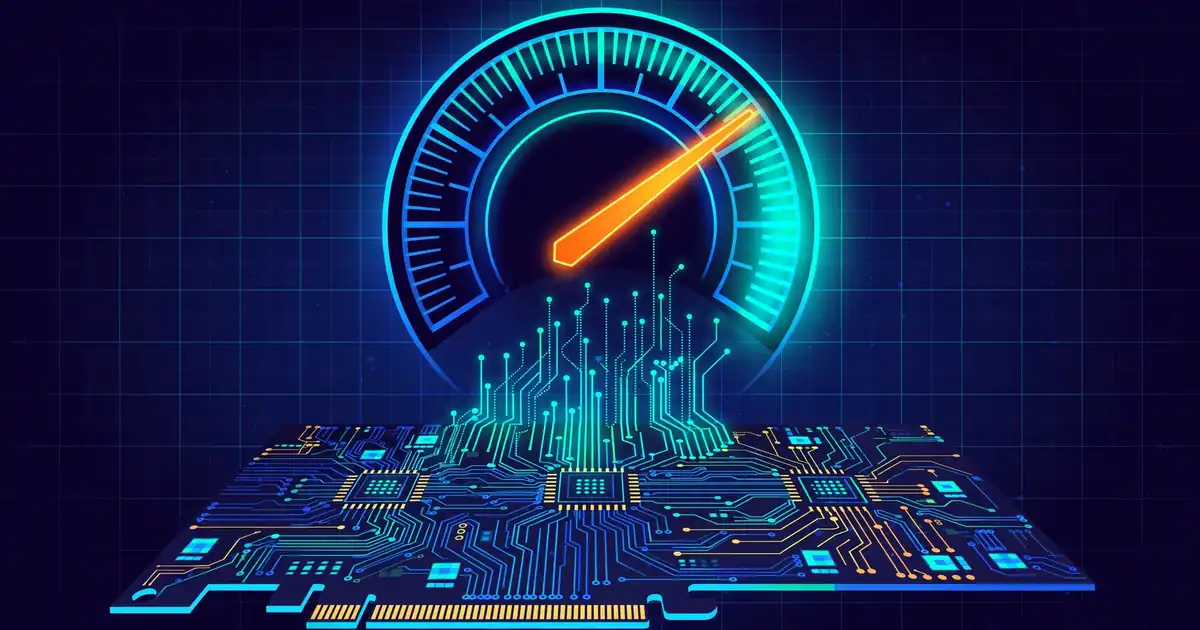 A glowing speedometer measuring tokens per second above a GPU circuit board