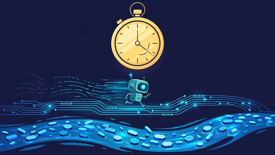 A stopwatch hovering over a small AI agent running on a glowing circuit path
