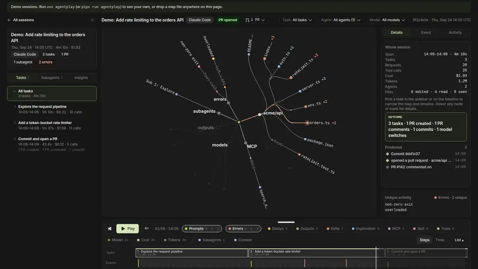 agentplay session explorer in dark mode, showing the radial session map