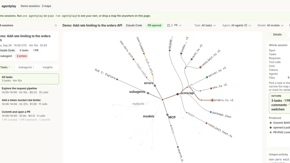 Close-up of the agentplay session explorer replay timeline