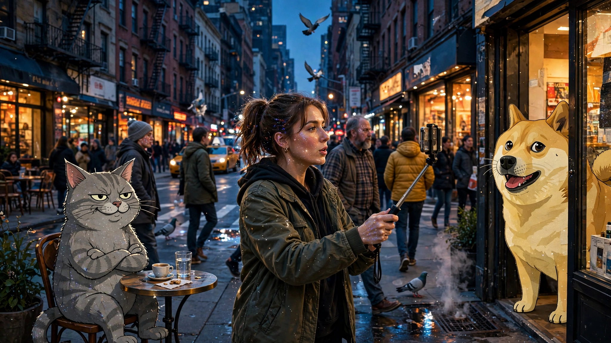 Editorial illustration: classic internet meme characters — a smug cat at a café table, a selfie-vlogging woman, a cartoon dog — mingling on a New York street at dusk