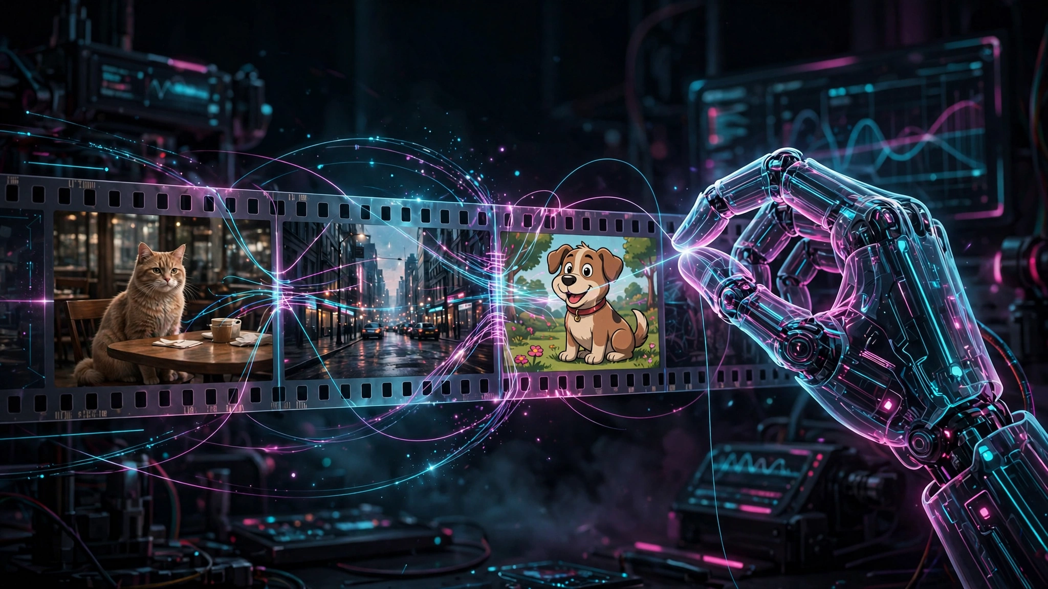 Editorial illustration: a translucent robotic hand stitching together a film strip of different meme scenes into one continuous cinematic sequence