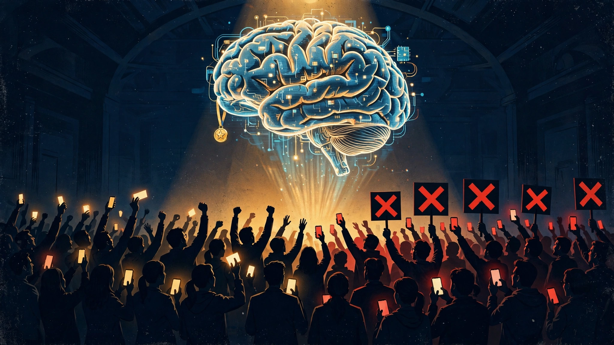 Editorial illustration: a crowd of silhouetted figures with smartphones debating under a giant hologram of a robot brain holding a gold medal