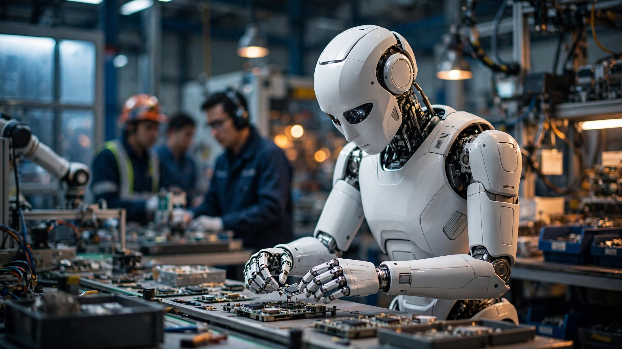 A white humanoid robot handling electronic components on a factory production line