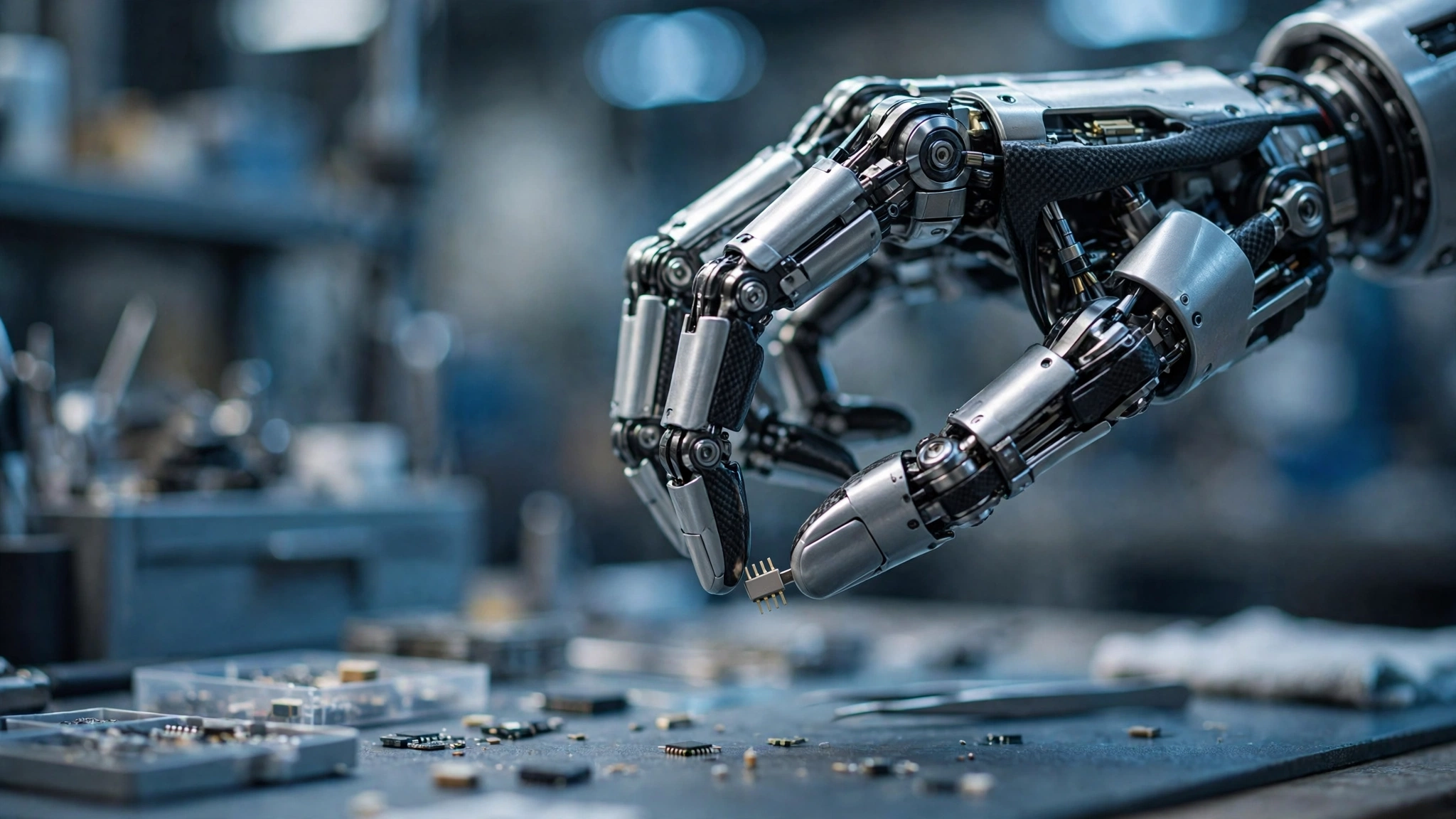 A dexterous robotic hand delicately handling a small electronic component