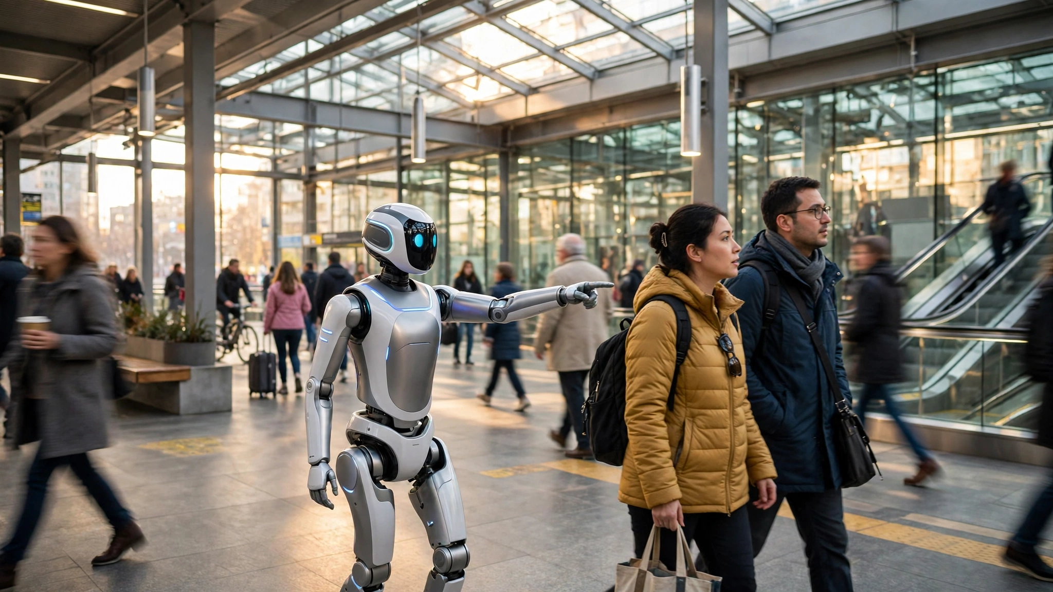 A humanoid robot gesturing to guide visitors in a bright modern transit concourse