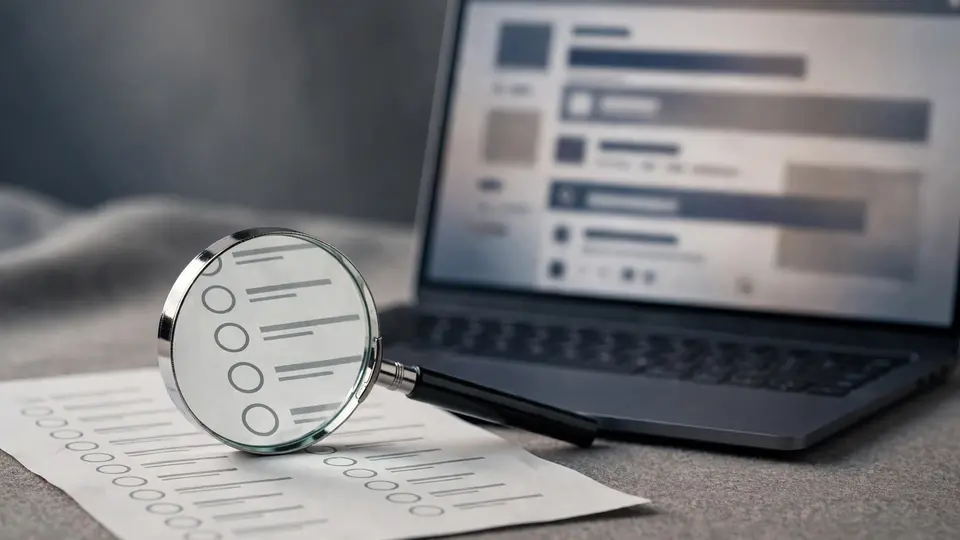 A magnifying glass over a ballot beside a laptop
