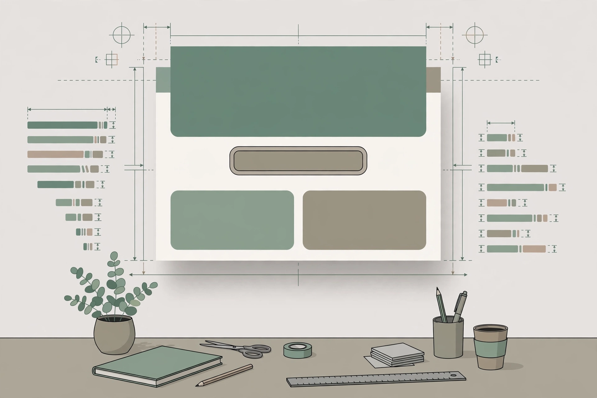 A clean landing page layout surrounded by spacing guides and type scale samples on a designer desk