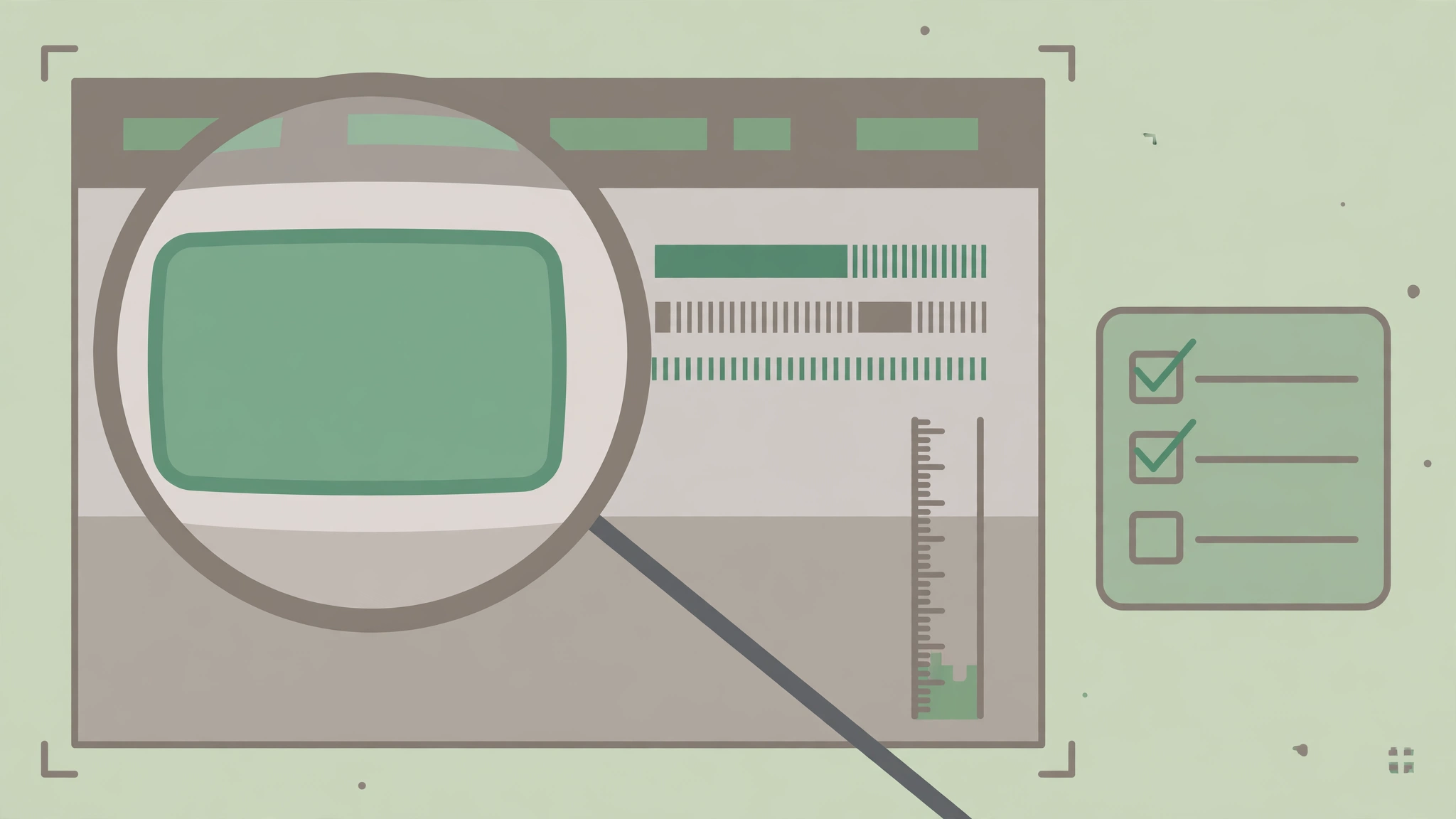 A magnifying glass inspecting a web page layout beside a checklist of design rules