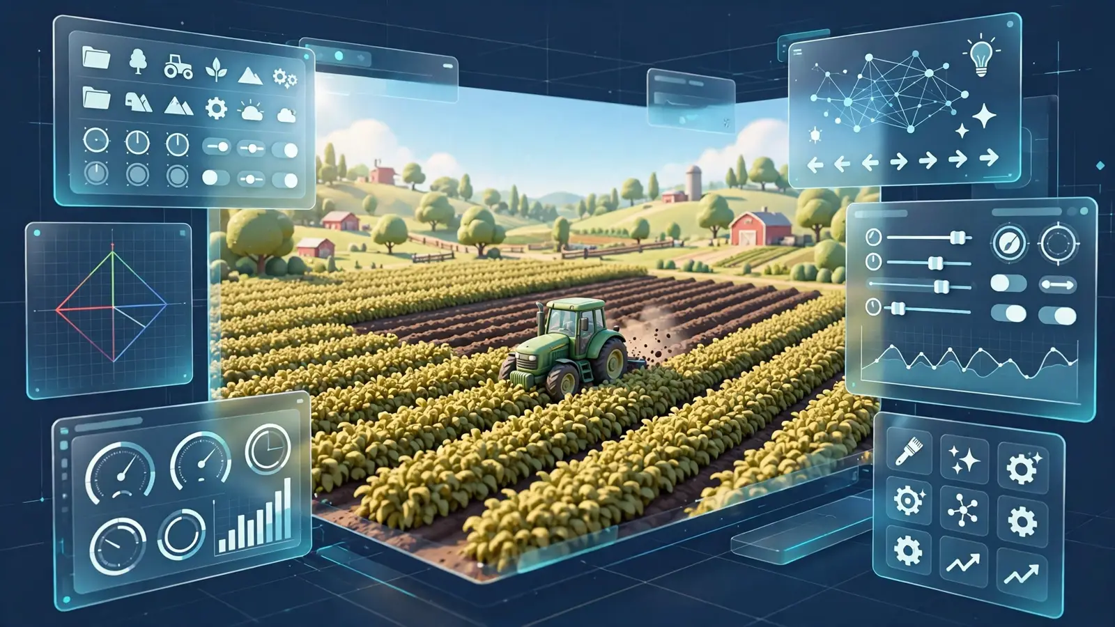 A game engine editor view of a stylized farming game with a tractor cutting rows through a field