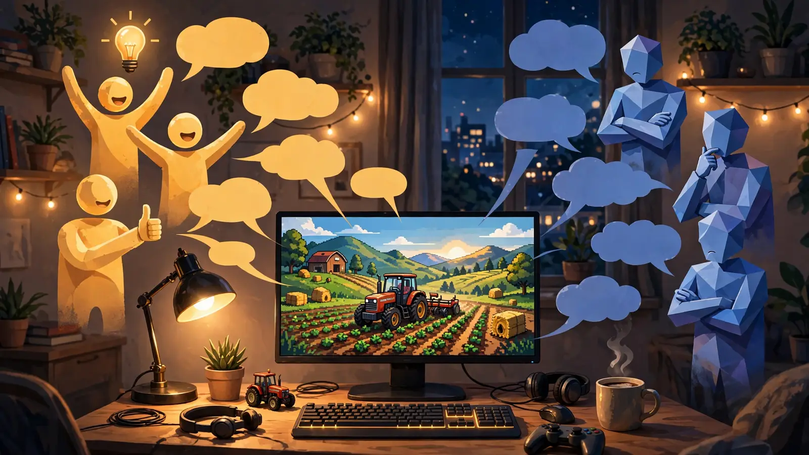 Supportive and skeptical commenters debating an AI-made tractor game shown on a monitor