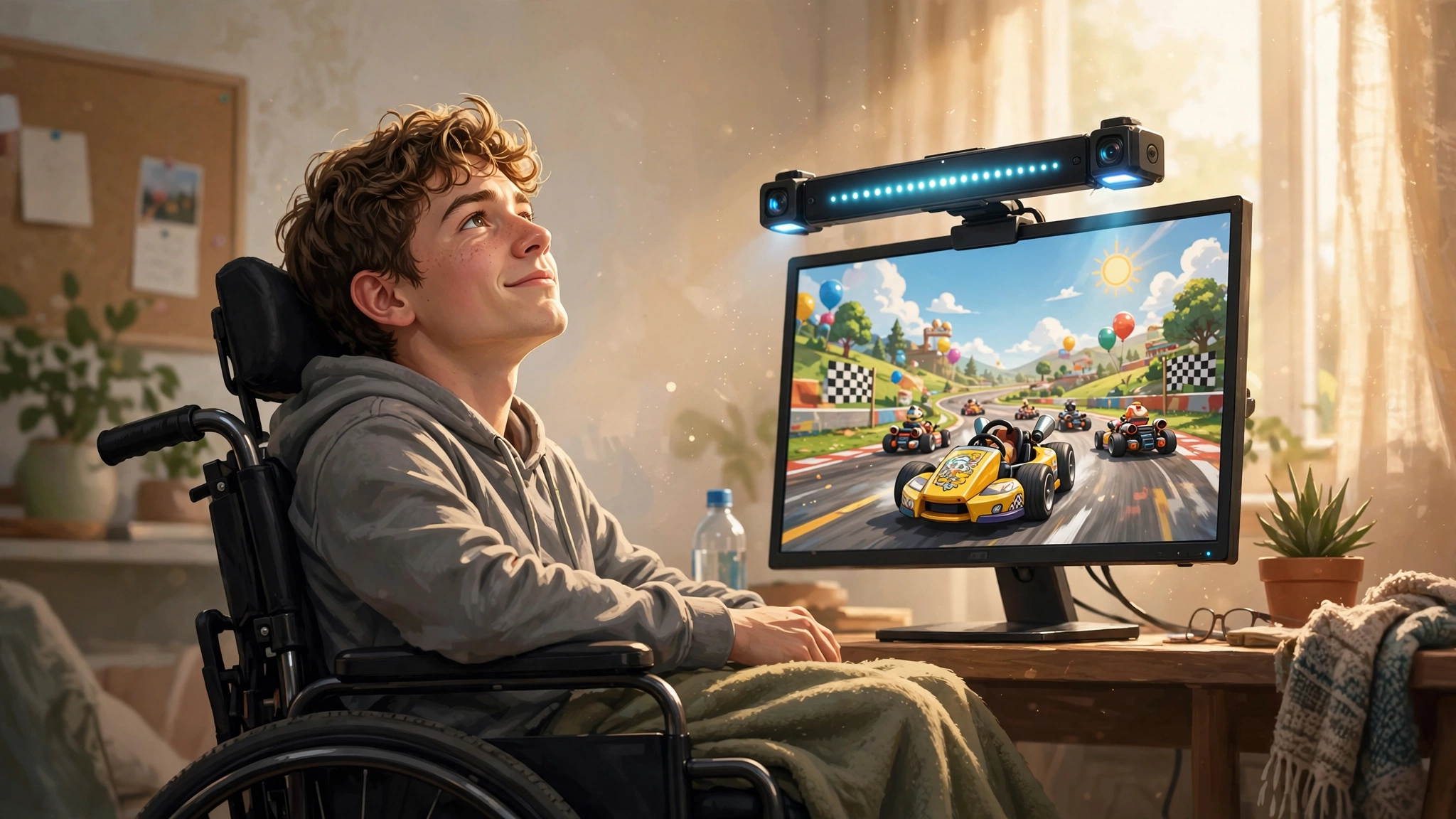 Editorial illustration: a young man in a wheelchair playing a colorful kart-racing game using only head movements, tracked by a sensor bar on the monitor