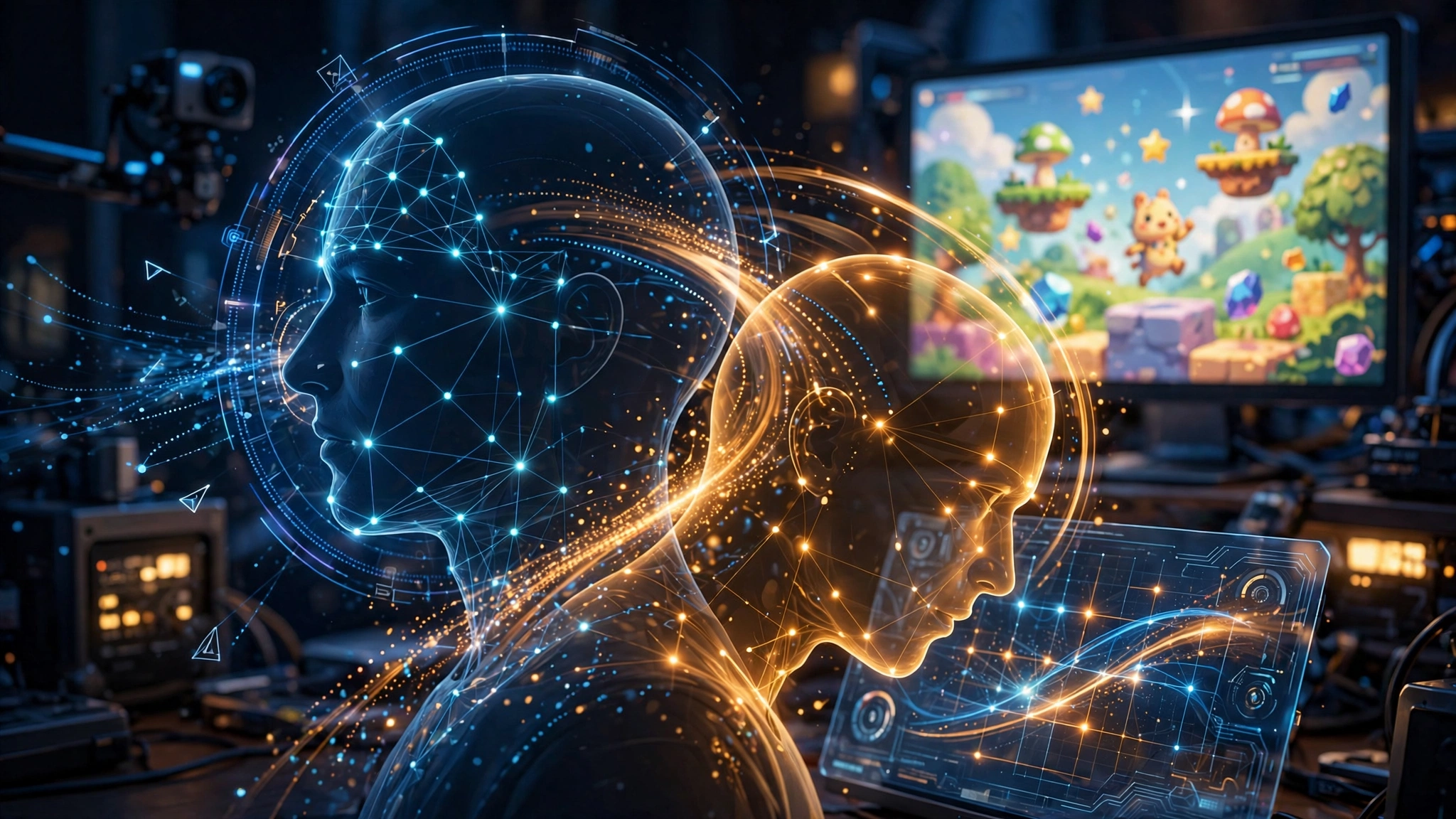 Editorial illustration: a computer vision system tracking a person's head silhouette with glowing motion-capture points as they tilt left and right