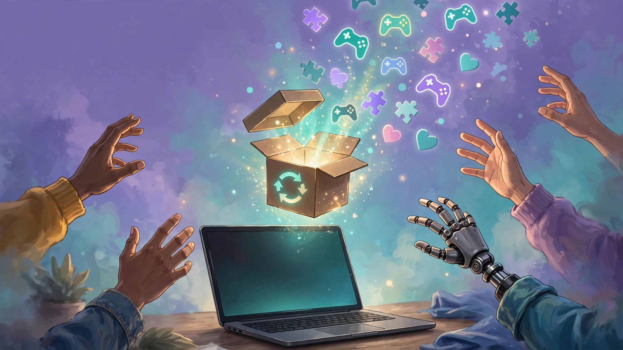Editorial illustration: a glowing open-source gift box releasing game controller icons and hearts above a laptop
