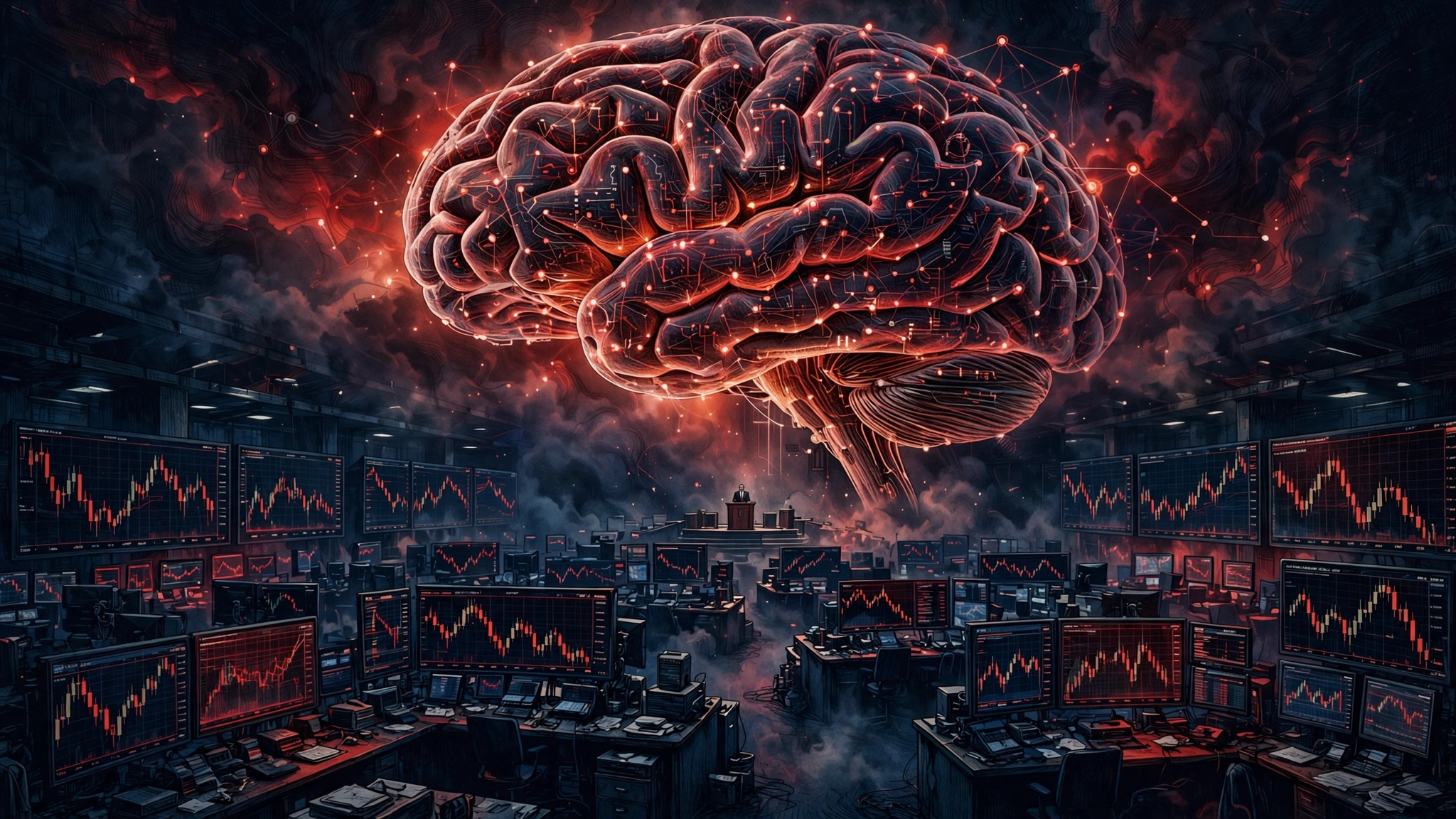 Editorial illustration of a giant glowing neural-network brain looming over a stock-trading floor of falling red charts, symbolizing markets reacting to AI leaders calling for a slowdown