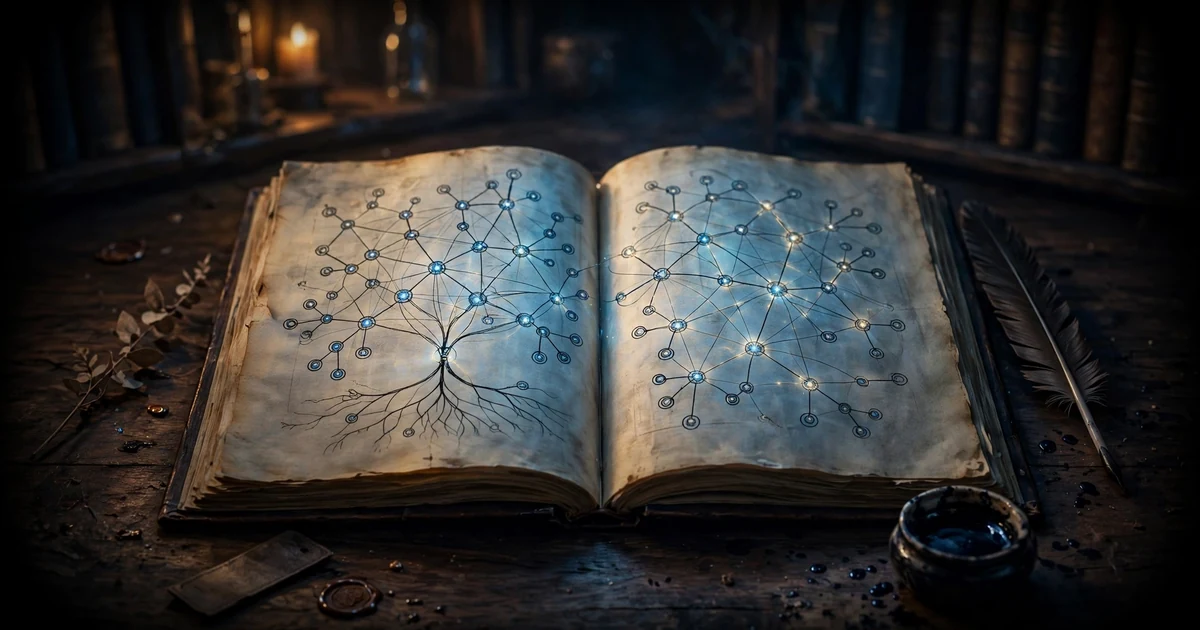 An open manuscript glowing on a dark desk, its pages showing a branching interactive story map, with a quill and inkwell beside it