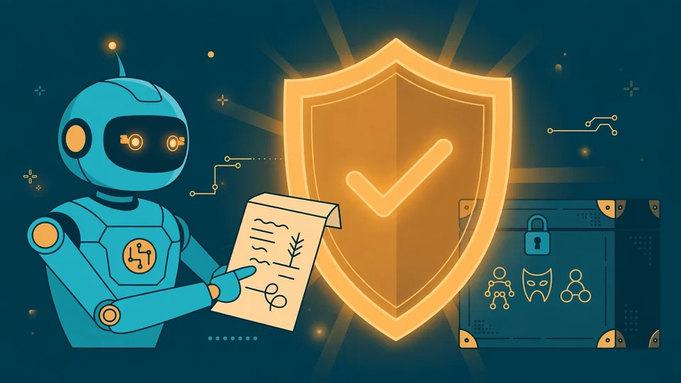 An AI storyteller handing a draft page to a glowing validation gate guarding locked character records