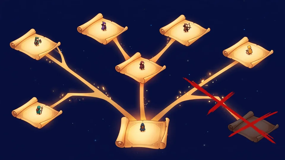 A branching story tree where one rejected plot branch is struck through