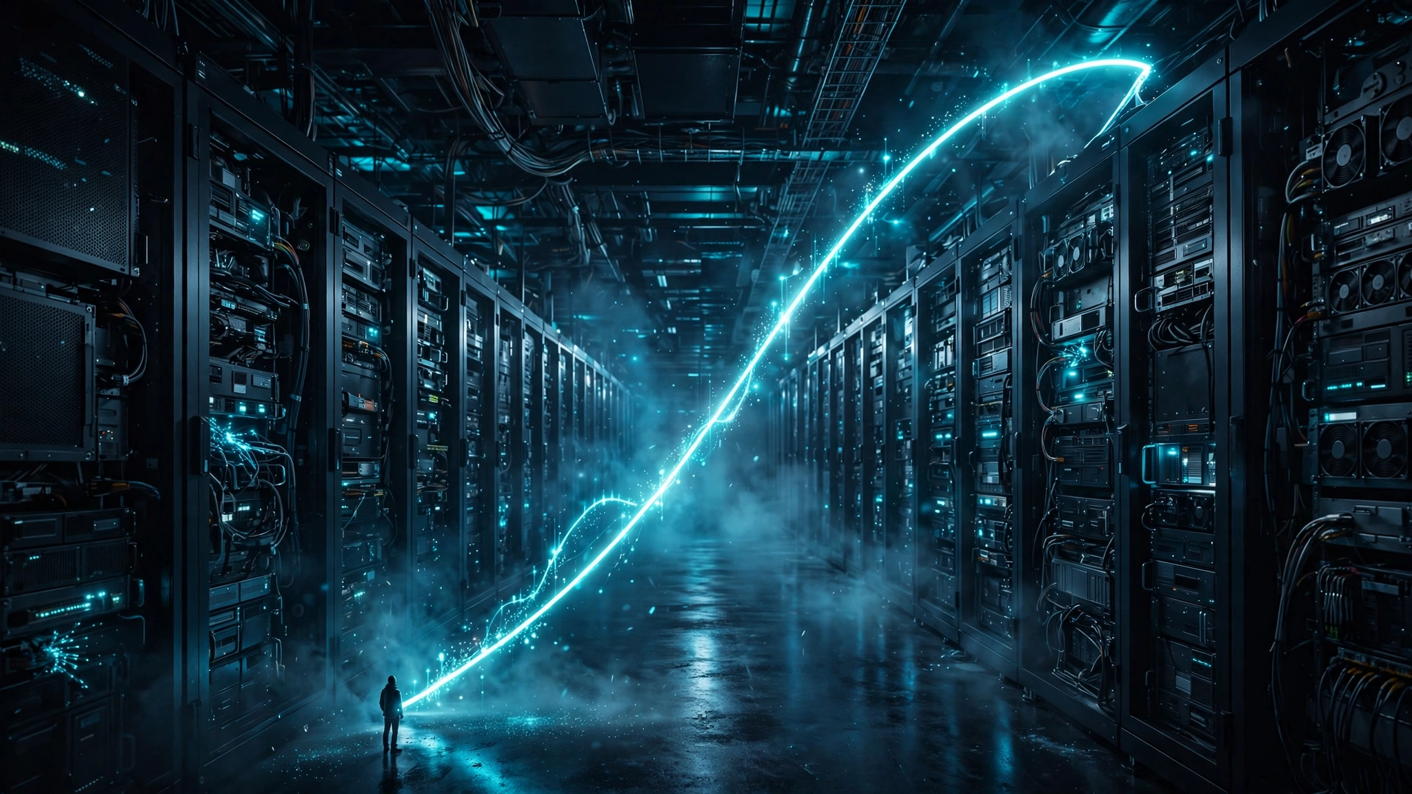A glowing cyan price curve falling through a dark data-center aisle lined with server racks, watched by a small human figure