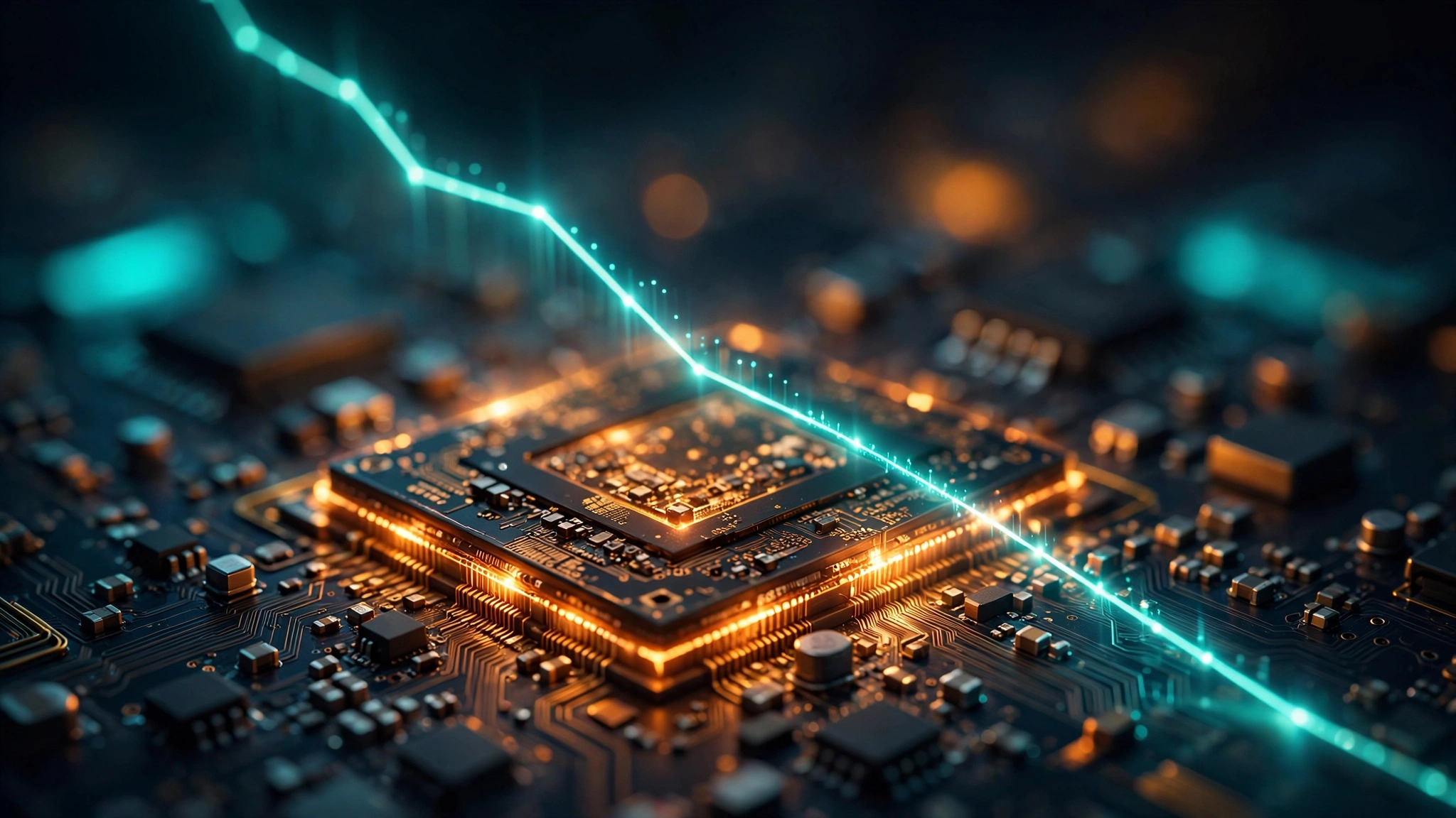 A glowing computer chip on a circuit board with a luminous trend line plunging diagonally across the frame