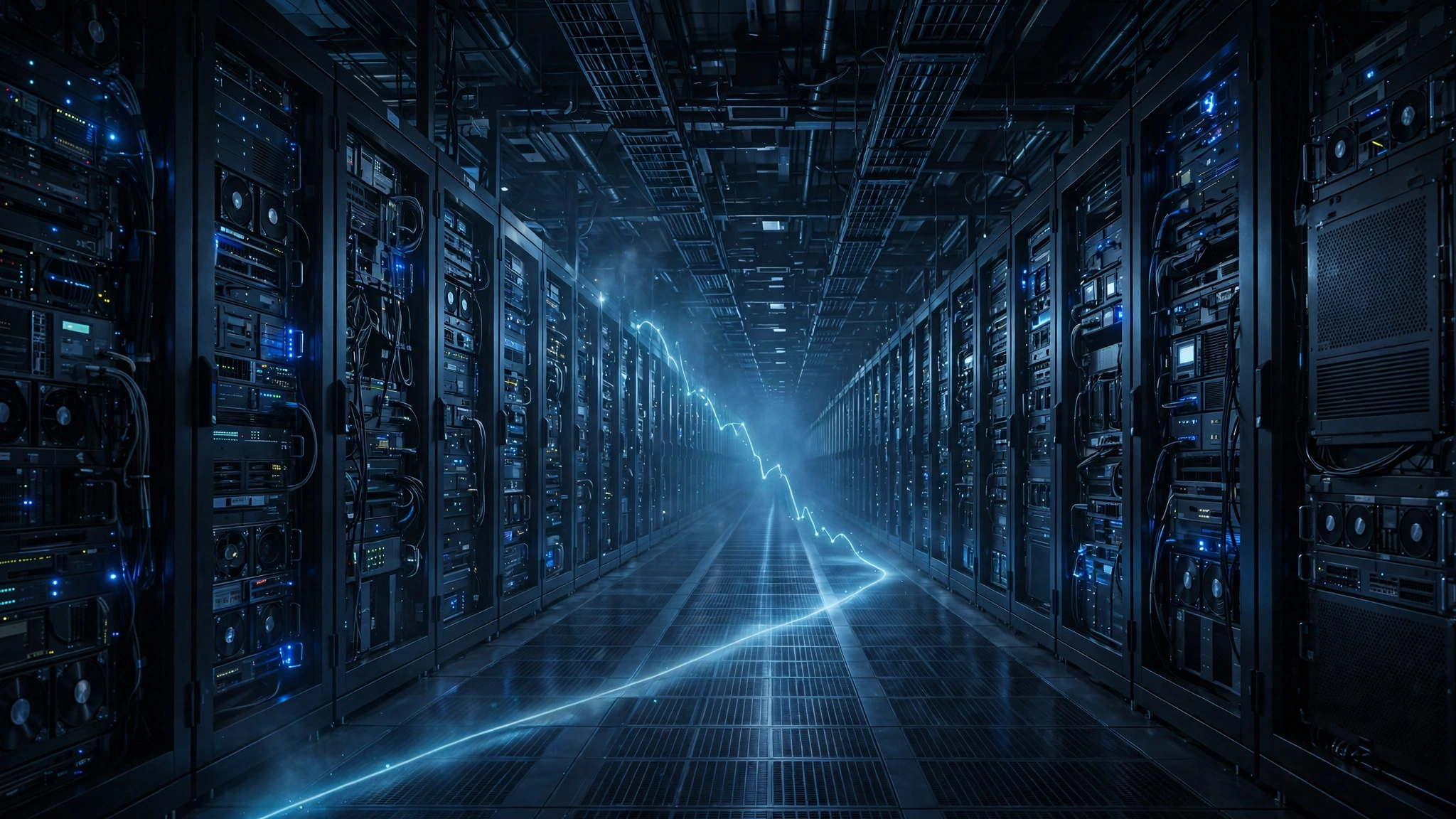 A long corridor of dark data-center server racks with a faint light trail falling toward the vanishing point