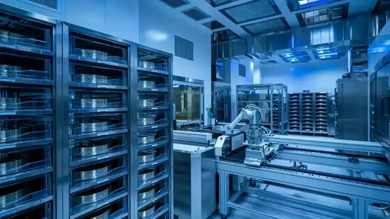 Semiconductor fabrication plant cleanroom with silicon wafers