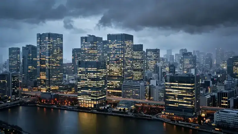Tokyo financial district skyline at dusk
