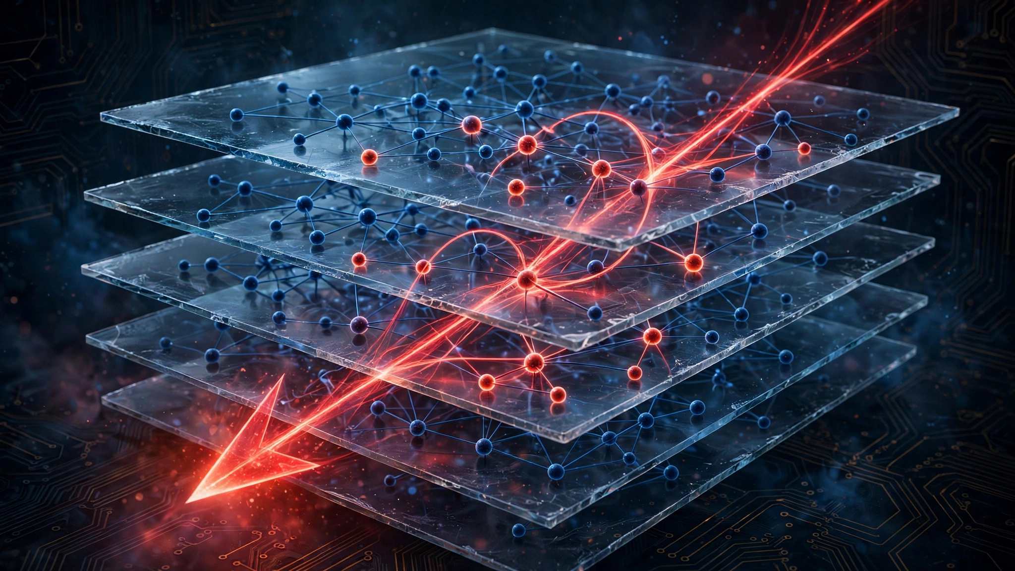 Editorial illustration: a red direction vector piercing layers of a neural network