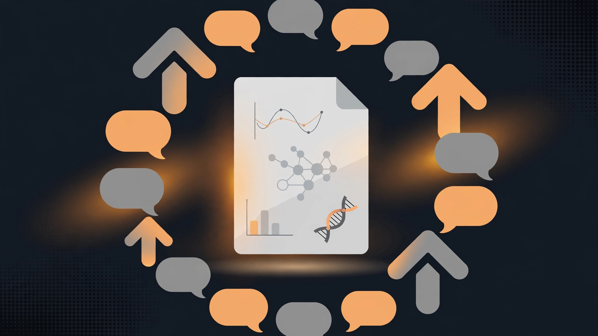 Illustration of a research paper surrounded by upvote arrows and comment bubbles