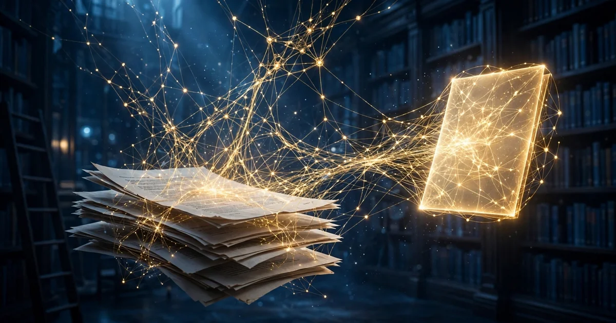 A neural network weaving golden threads from scientific papers into a glowing cited report