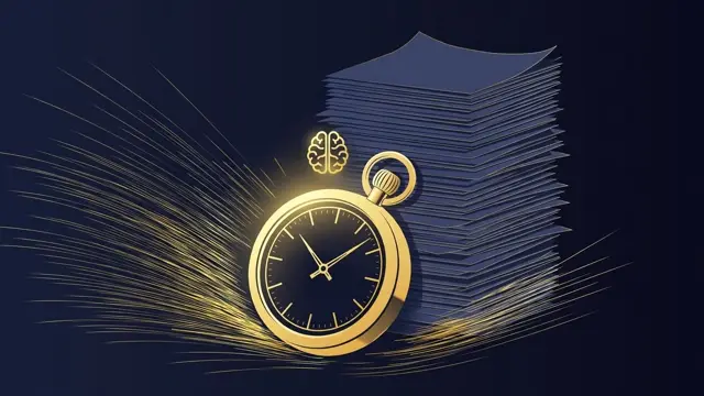 A glowing stopwatch in front of a stack of research papers symbolizing fast report generation