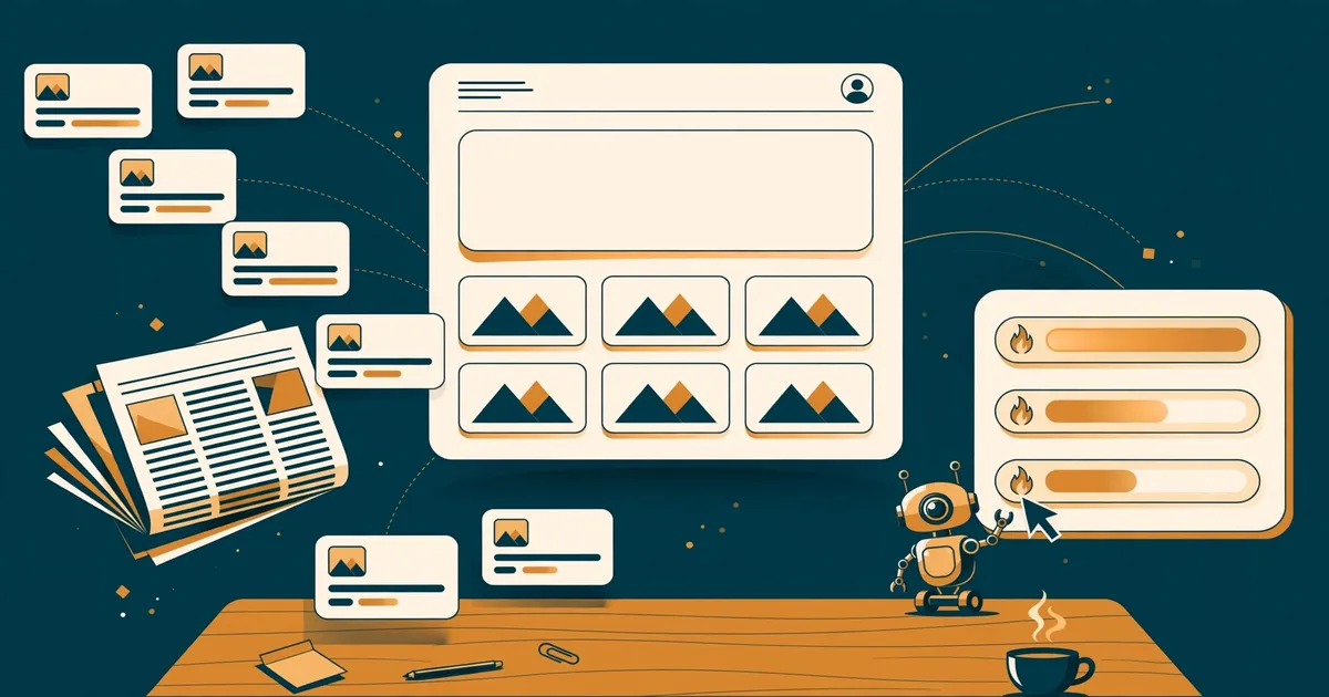 A news-website homepage floating above a desk, headline cards radiating outward as a small cursor curates them into a ranked hotspot list